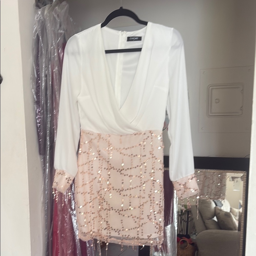 Elegant White and Pink Sequin Mini Dress